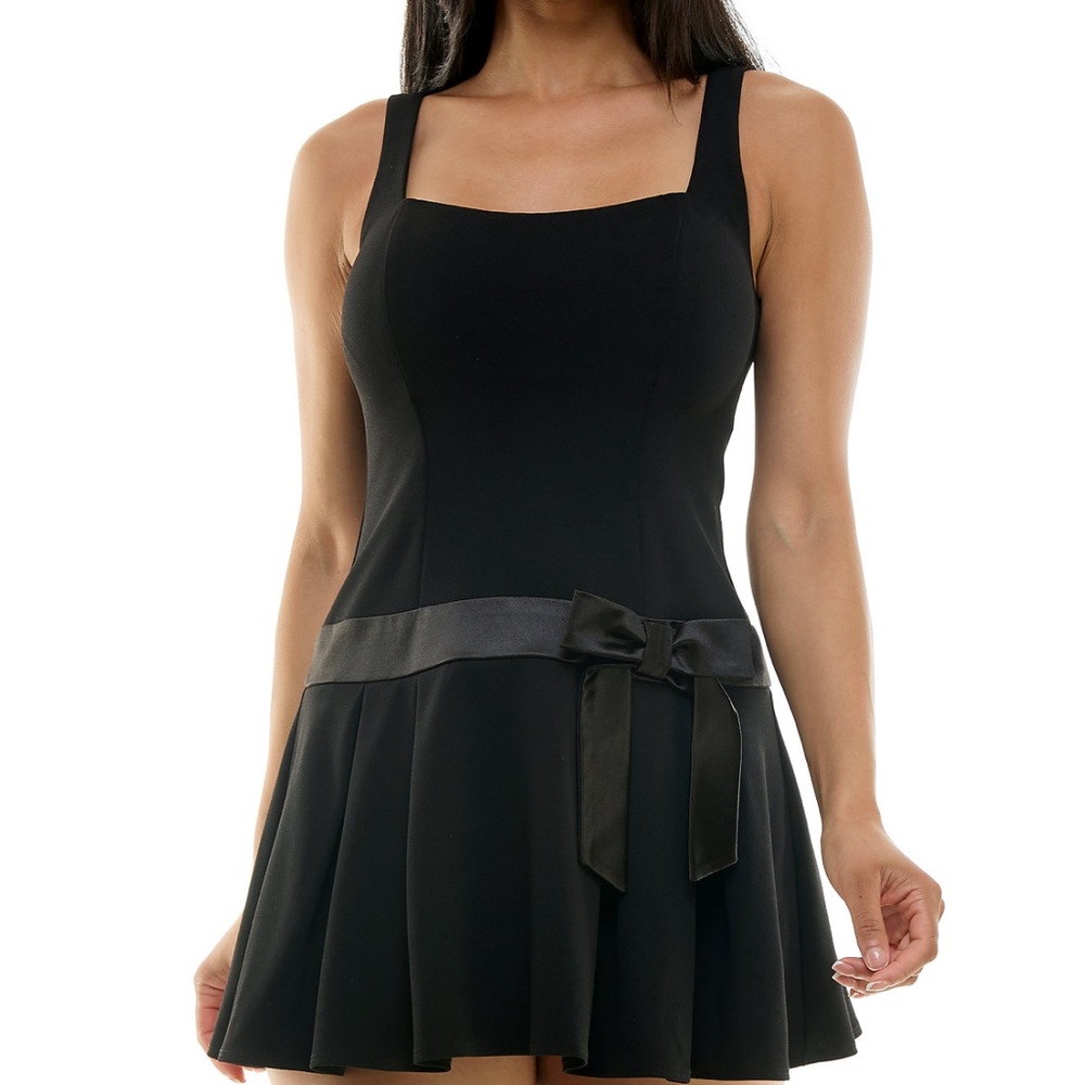 B Darlin Drop-Waist Square-Neck Bow-Trim Dress
